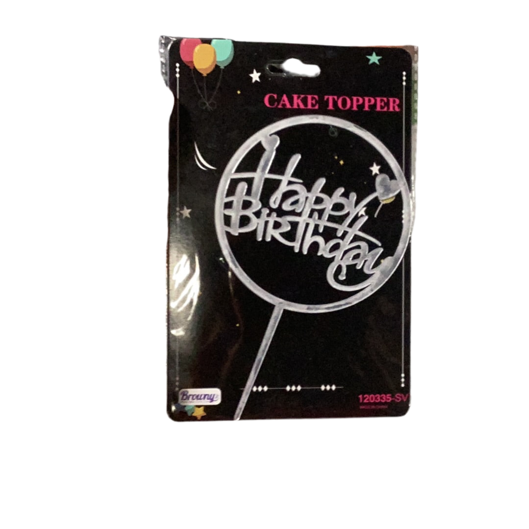 Cake Topper Happy Birthday Round Silver (x1u)