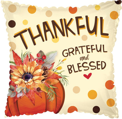 17" Thankful Grateful Blessed Thanksgiving Square Foil Balloon