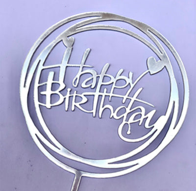 Cake Topper Happy Birthday Round Silver (x1u)