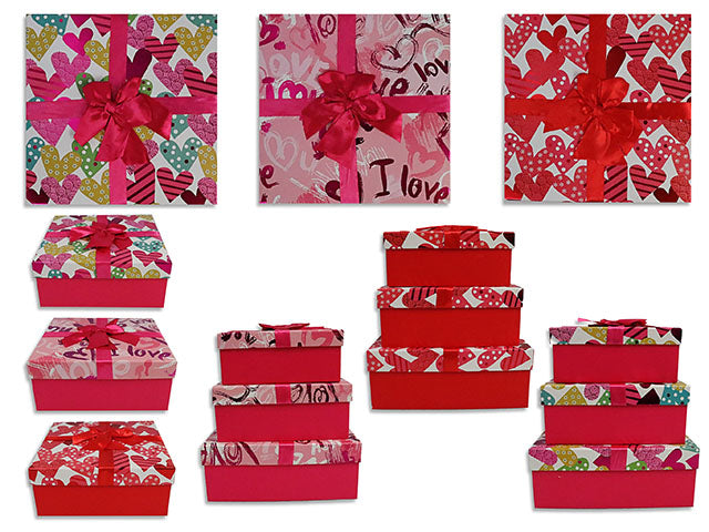 Set/3 Matte w/Foil Heart Square Giftbox w/Foil Cover & Satin Ribbon Bow.