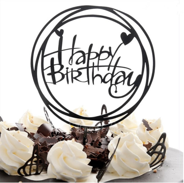 Cake Topper Happy Birthday Round Black (x1u)