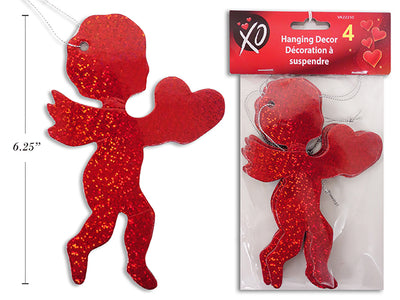 5pk 6.25in Holographic Hanging Cupid w/Heart Ornaments. 6.25in (H) x 4