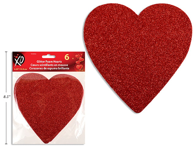 6PK 6.25IN VTINE EVA GLITTER FOAM HEARTS. PBH.