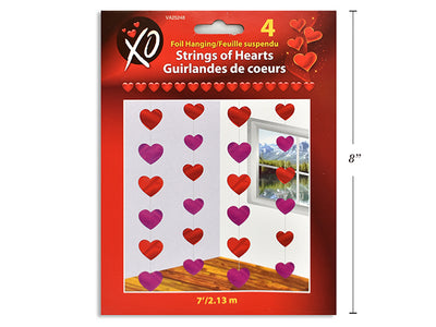 4pk 7ft Vtine Pink + Red Foil Hanging Strings of Hearts. Fold-Over He