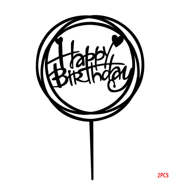 Cake Topper Happy Birthday Round Black (x1u)